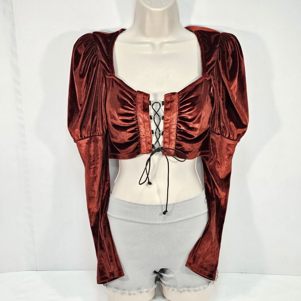 Rehab Lab Rust Red Velvet Lace Up Crop Top Juliet Long Sleeve Size M Renaissance